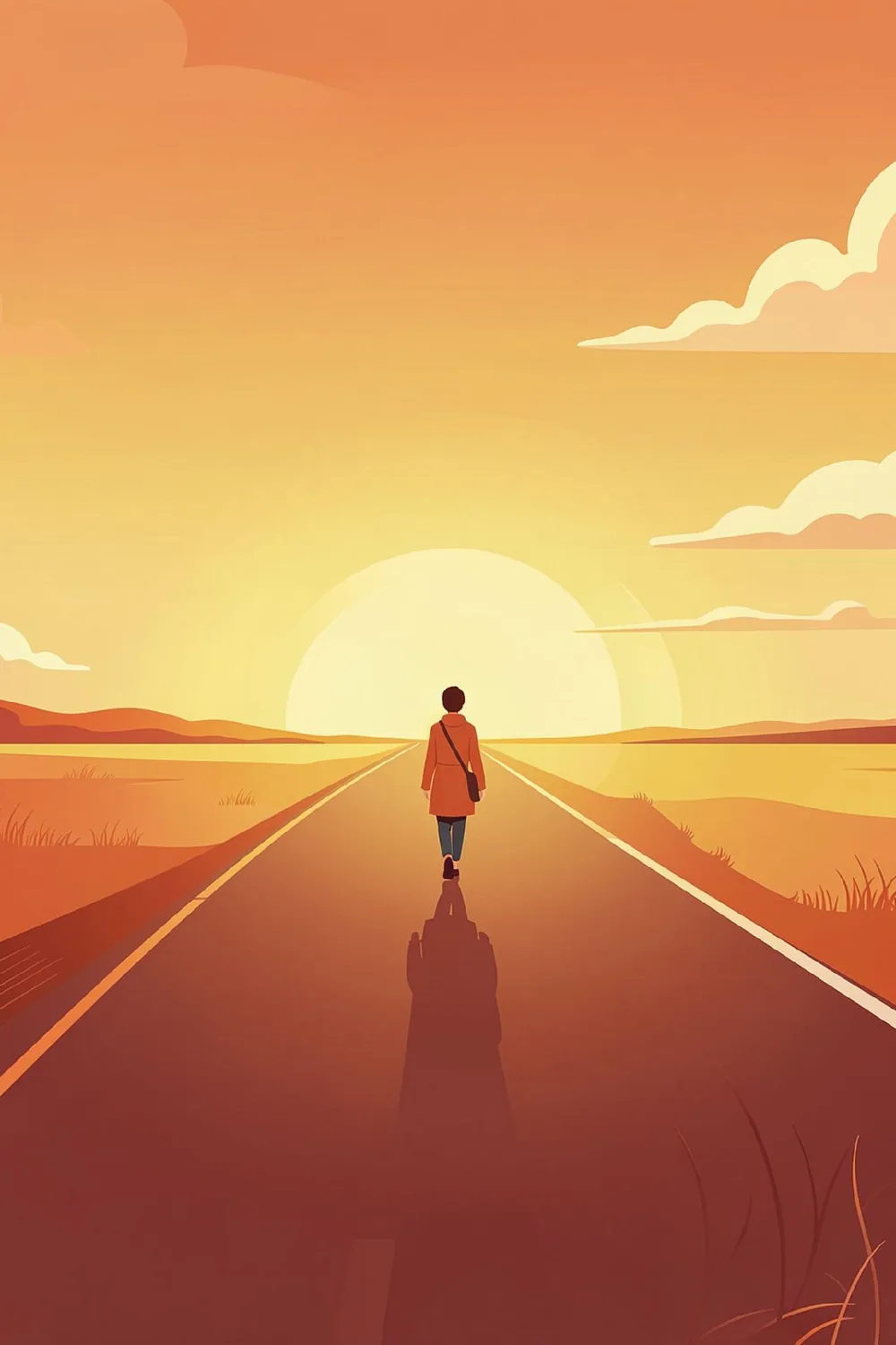 A lone walker heading toward a sunrise