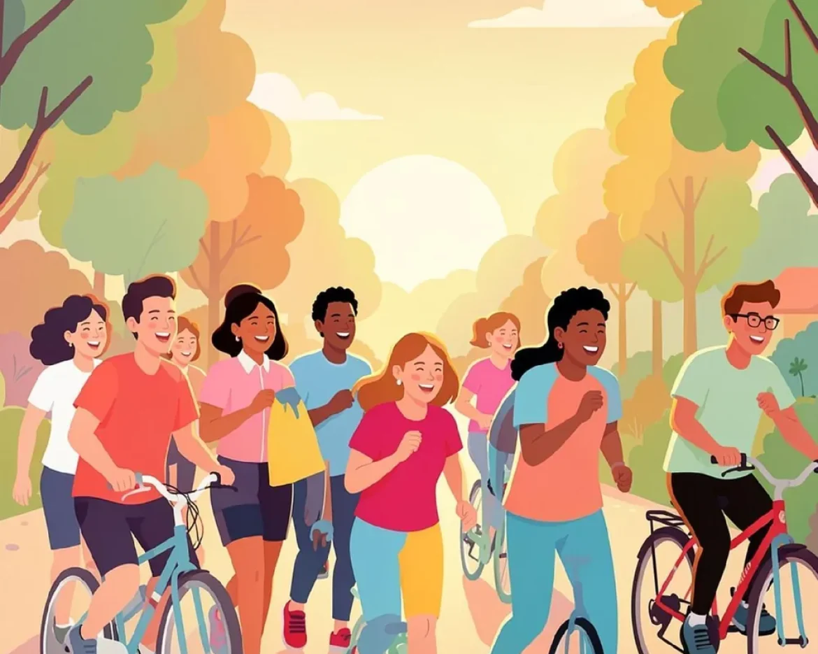 People walking and cycling together in a global community