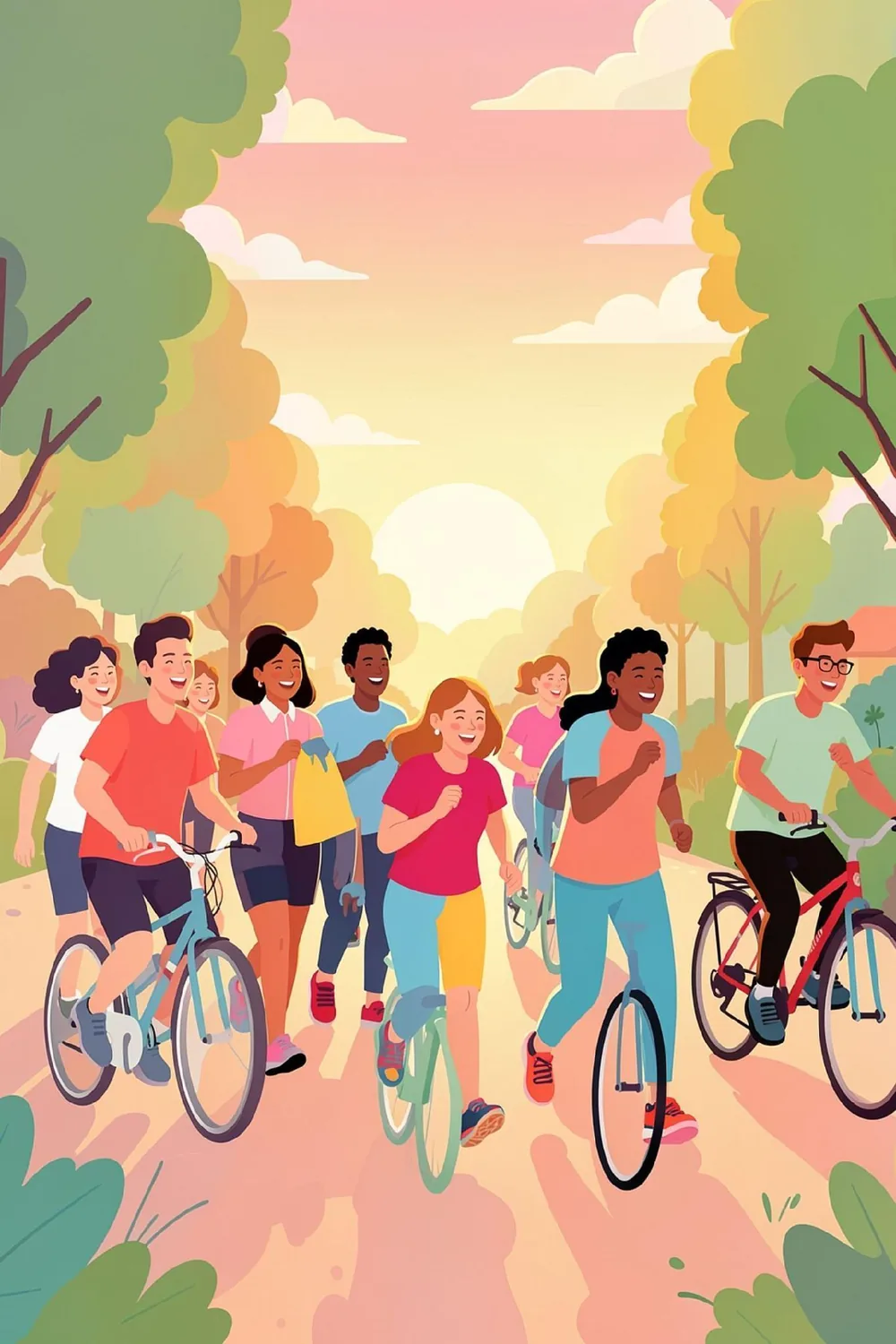 People walking and cycling together in a global community